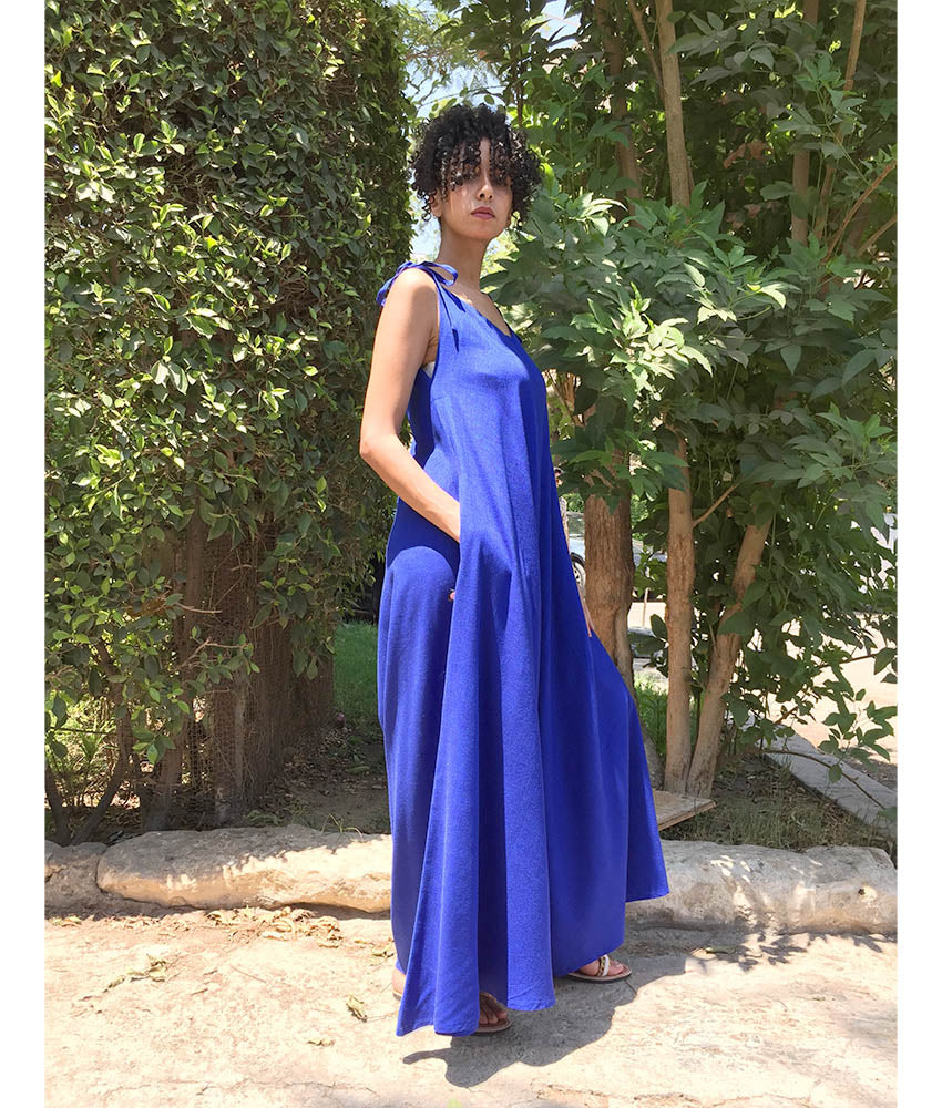 Electric Blue Flowy Jumpsuit/Dress handmade in Egypt & available at Jozee Boutique.
