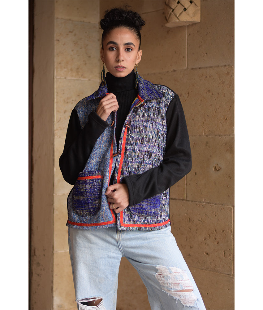 Black & Multicolored Cropped Akhmim Loomwoven Jacket handmade in Egypt & available at Jozee Boutique.handmade in Egypt & available at Jozee Boutique.