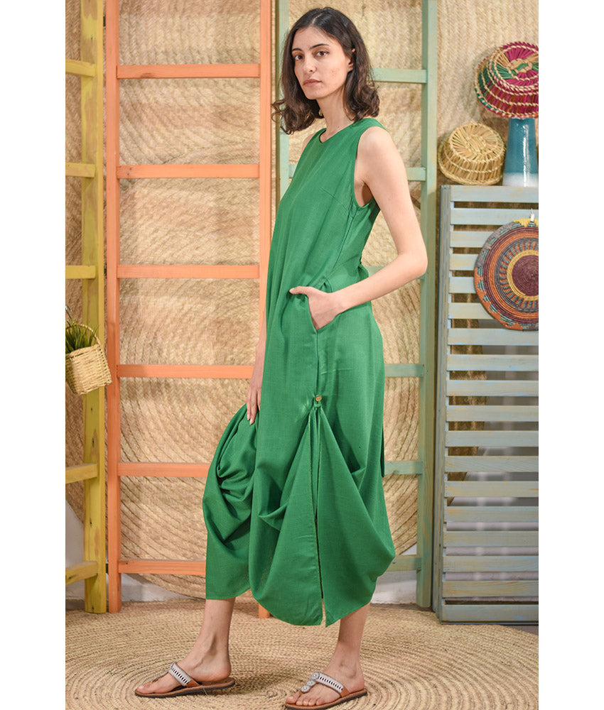 Green Linen Tent Dress With Side Buttons handmade in Egypt & available at Jozee boutique