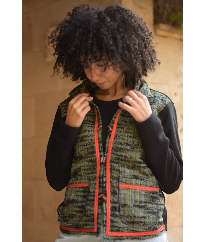 Black & Green Cropped Akhmim Loomwoven Jacket handmade in Egypt & available at Jozee Boutique.handmade in Egypt & available at Jozee Boutique.