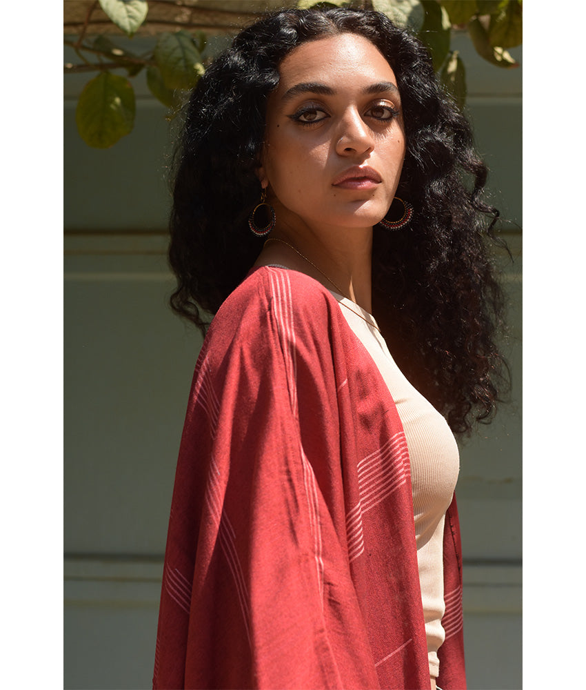 Red handwoven Egyptian cotton cardigan handmade in Egypt & available at Jozee Boutique.