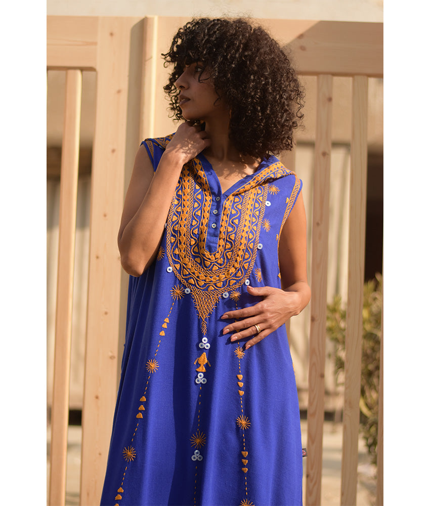 Electric Blue Siwa Heavily Embroidered Linen Dress with Hoodie handmade in Egypt & available at Jozee Boutique.