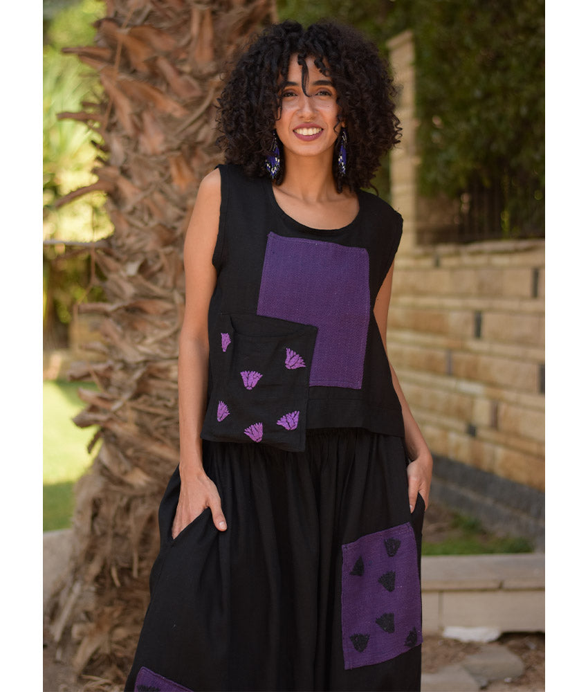 Black Linen Set with Hand Embroideries handmade in Egypt & available at Jozee Boutique.