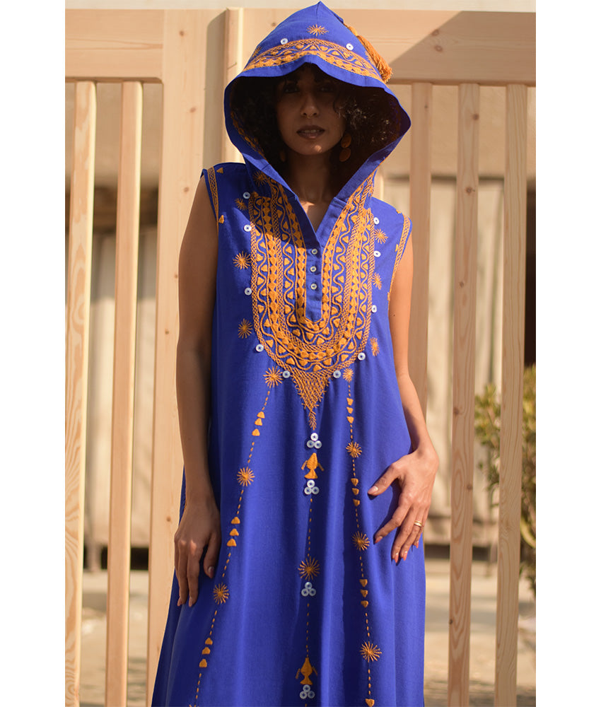 Electric Blue Siwa Heavily Embroidered Linen Dress with Hoodie handmade in Egypt & available at Jozee Boutique.