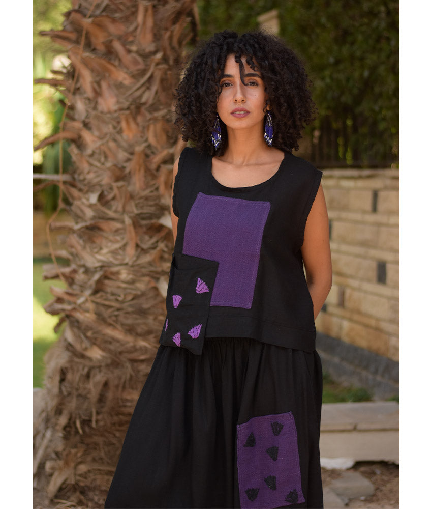 Black Linen Set with Hand Embroideries handmade in Egypt & available at Jozee Boutique.