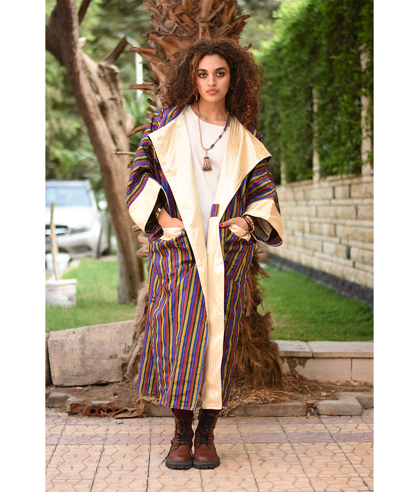 Champagne Gold & Multicolored Long Double-Faced Jacket handmade in Egypt & available at Jozee Boutique.