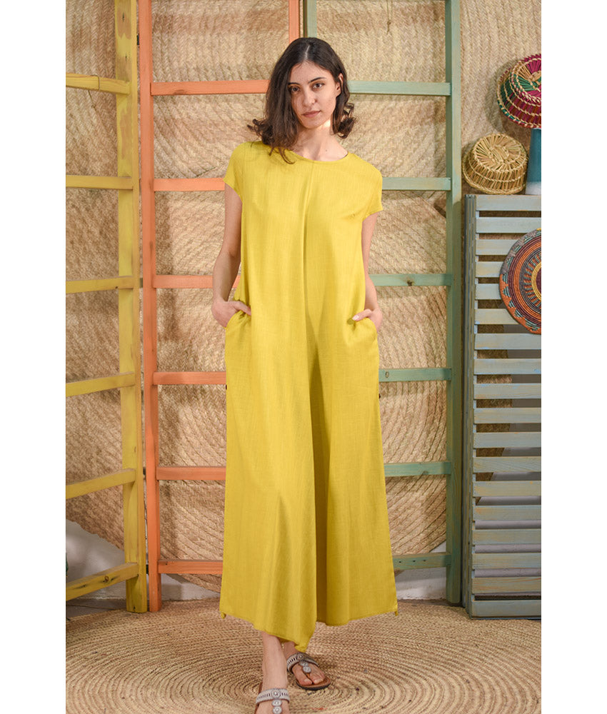 Mustard Linen Tent Dress With Side Buttons handmade in Egypt & available at Jozee boutique