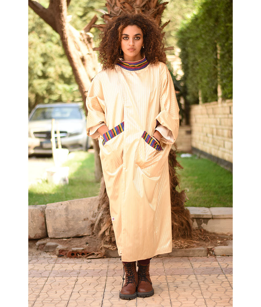 Champagne Gold & Multicolored Long Double-Faced Jacket handmade in Egypt & available at Jozee Boutique.