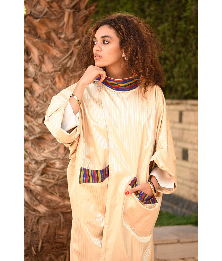 Champagne Gold & Multicolored Long Double-Faced Jacket handmade in Egypt & available at Jozee Boutique.