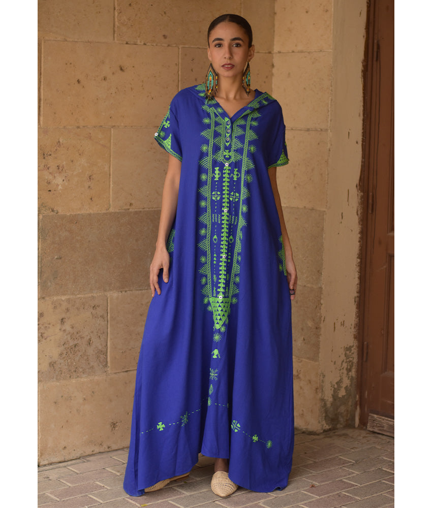 Electric Blue Siwa Heavily Embroidered Linen Dress with Hoodie handmade in Egypt & available at Jozee Boutique.