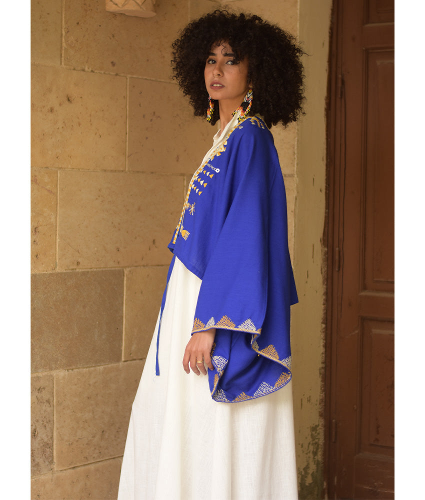 Electric Blue Siwa Embroidered Linen Bolero made in Egypt & available at Jozee Boutique.