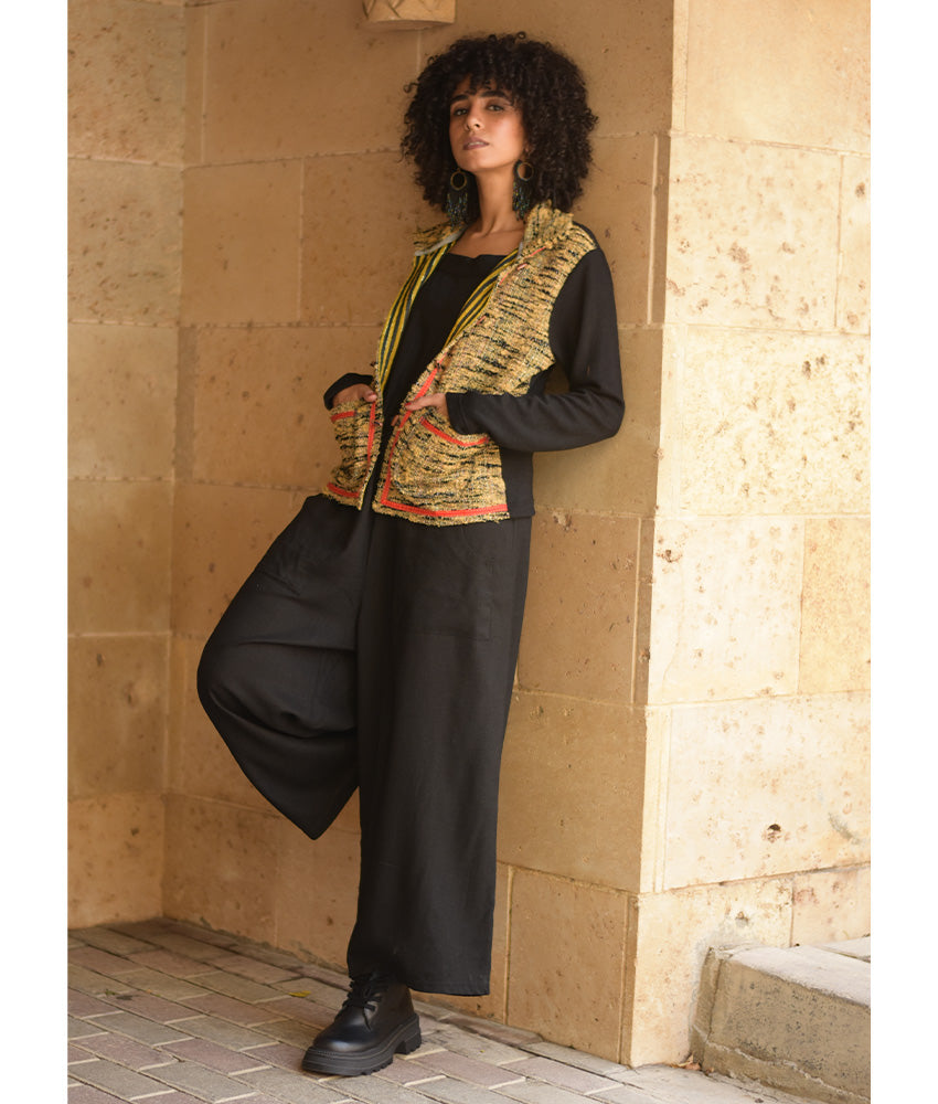 Black & Mustard Cropped Akhmim Loomwoven Jacket handmade in Egypt & available at Jozee Boutique.handmade in Egypt & available at Jozee Boutique.