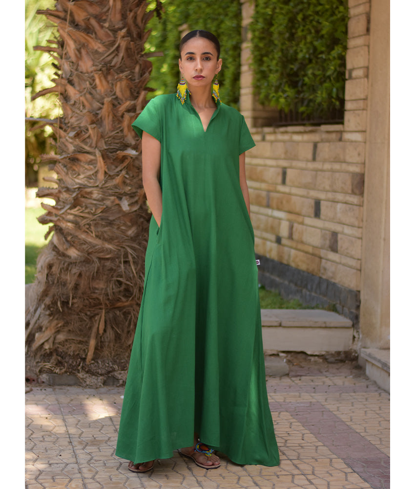 Green Linen Japanese Dress made in Egypt & available in Jozee boutique