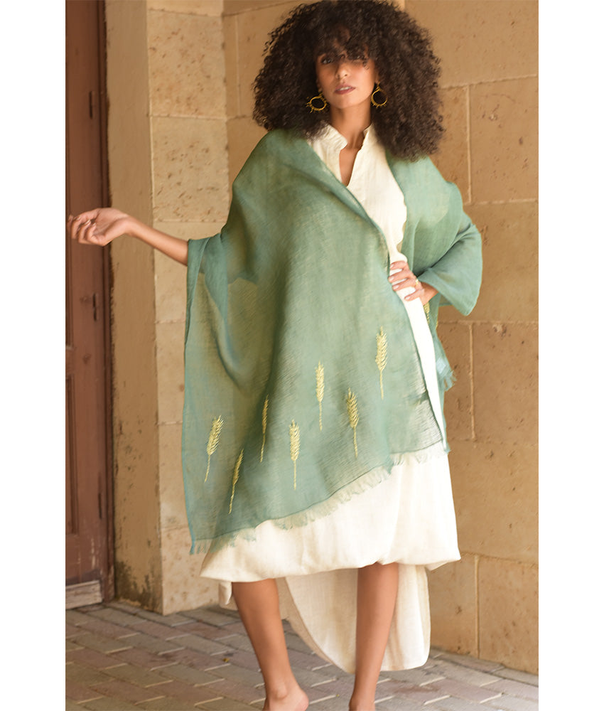 Green Embroidered Linen Shawl - Palm