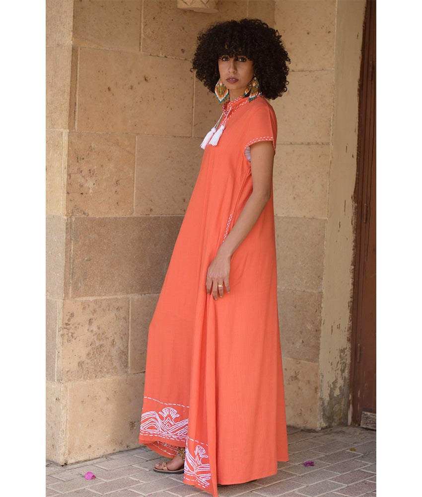 Orange Linen Dress with Ancient Egyptian Lotus Embroidery handmade in Egypt & available at Jozee Boutique.