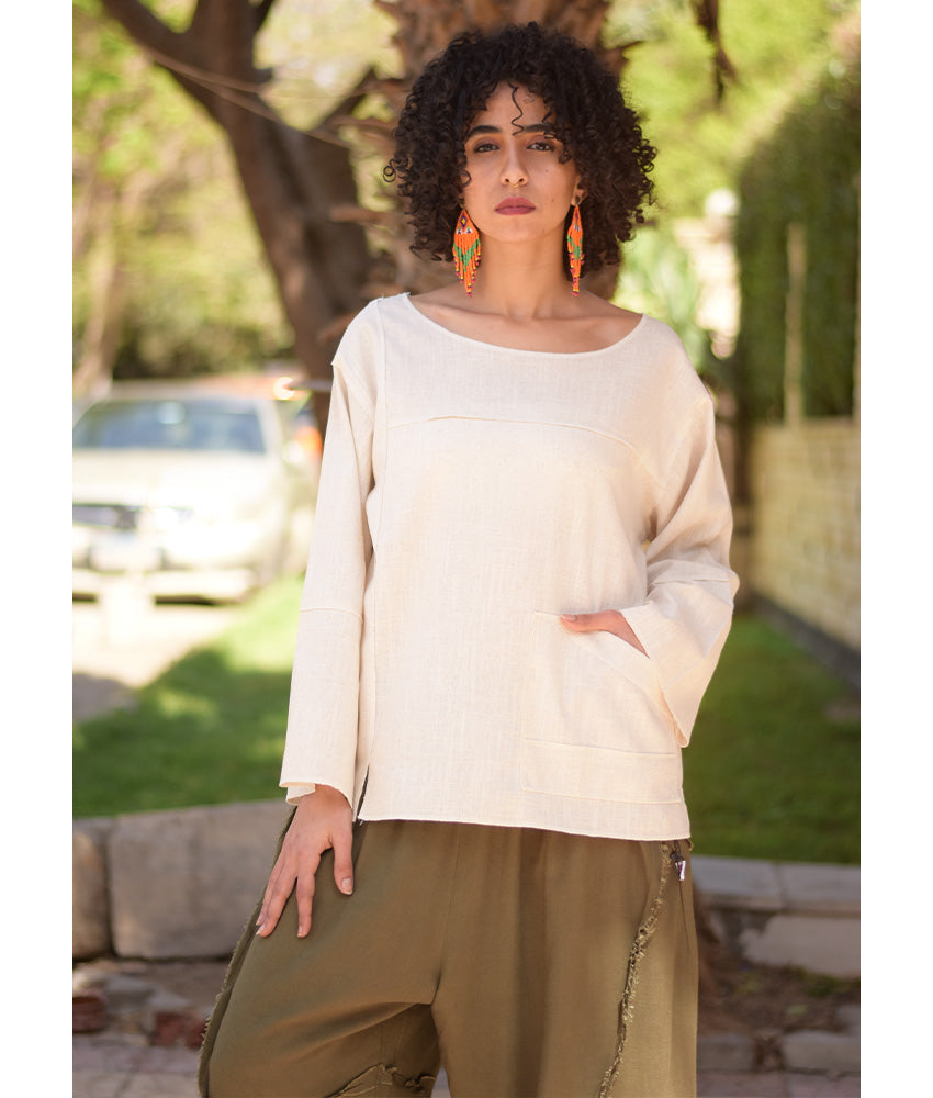 Off White Linen Boxy Top handmade in Egypt & available at Jozee Boutique.