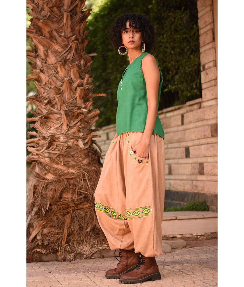 Dark beige Siwa Embroidered Linen Harem Pants Handmade in Egypt & available at Jozee Boutique