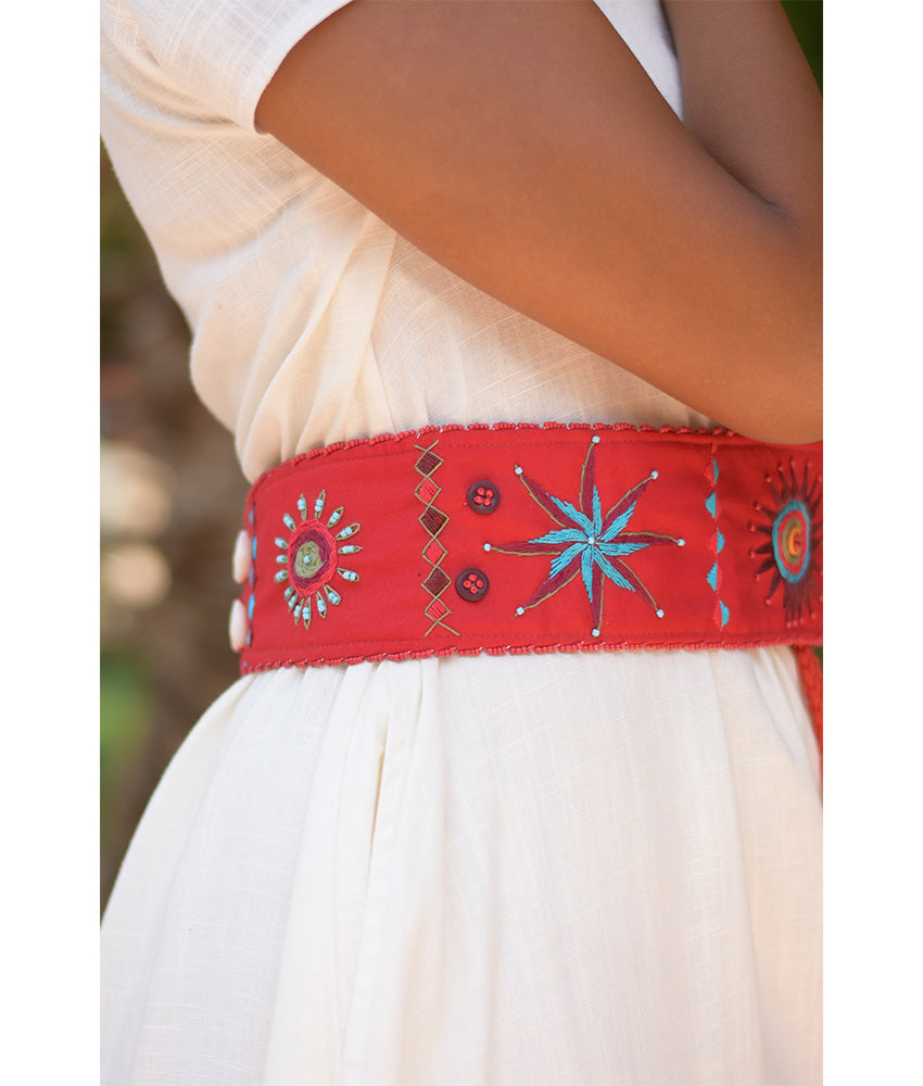 Red Saint Catherine embroidered wide belt handmade in Egypt & available at Jozee boutique