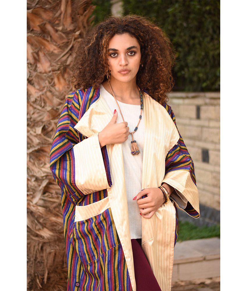 Champagne Gold & Multicolored Long Double-Faced Jacket handmade in Egypt & available at Jozee Boutique.