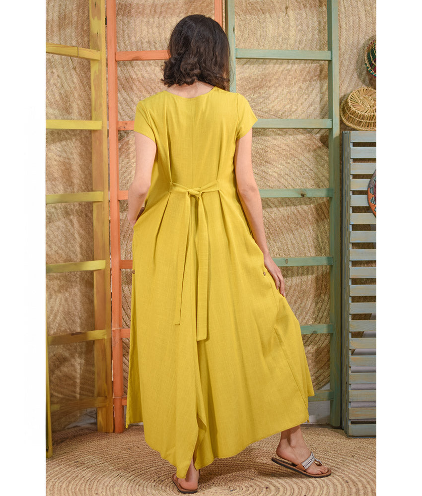 Mustard Linen Tent Dress With Side Buttons handmade in Egypt & available at Jozee boutique