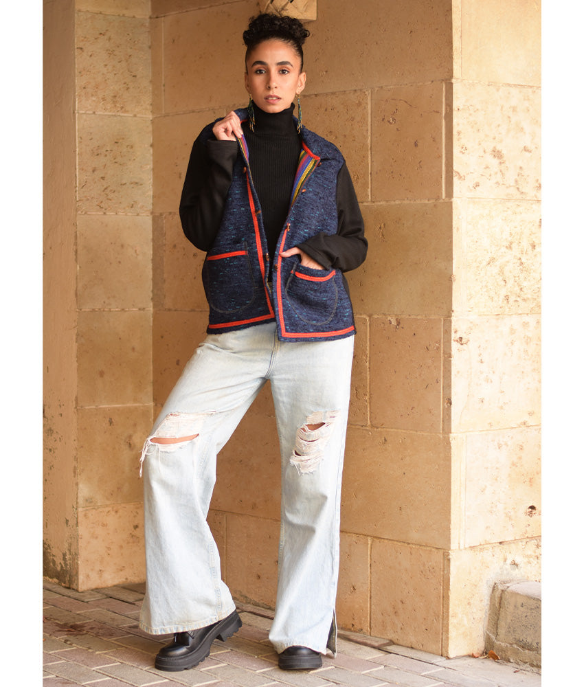 Black & dark Blue Cropped Akhmim Loomwoven Jacket handmade in Egypt & available at Jozee Boutique.handmade in Egypt & available at Jozee Boutique.