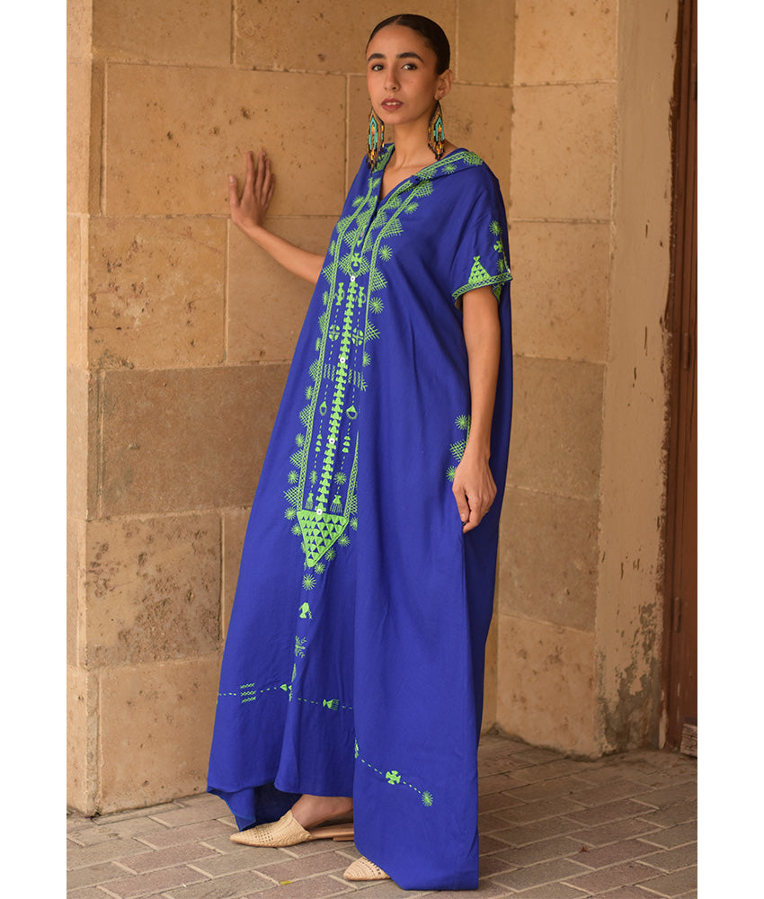 Electric Blue Siwa Heavily Embroidered Linen Dress with Hoodie handmade in Egypt & available at Jozee Boutique.