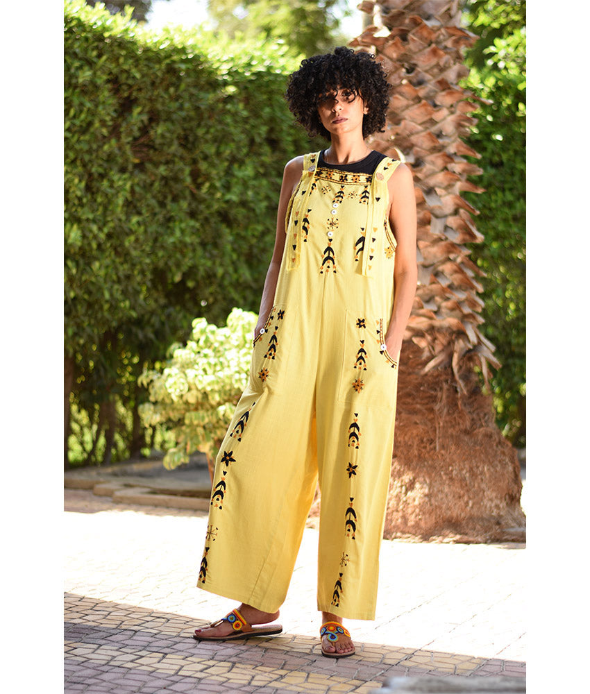Yellow Siwa Embroidered Linen Jumpsuit Handmade in Egypt & available at Jozee Boutique