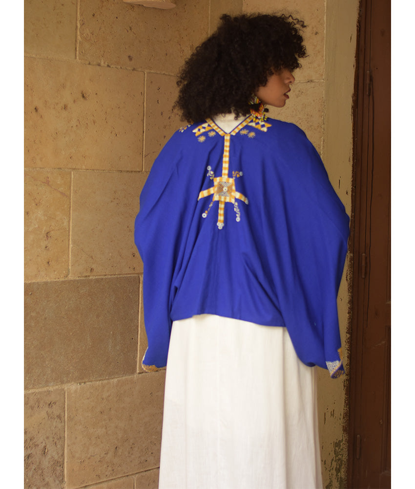 Electric Blue Siwa Embroidered Linen Bolero made in Egypt & available at Jozee Boutique.