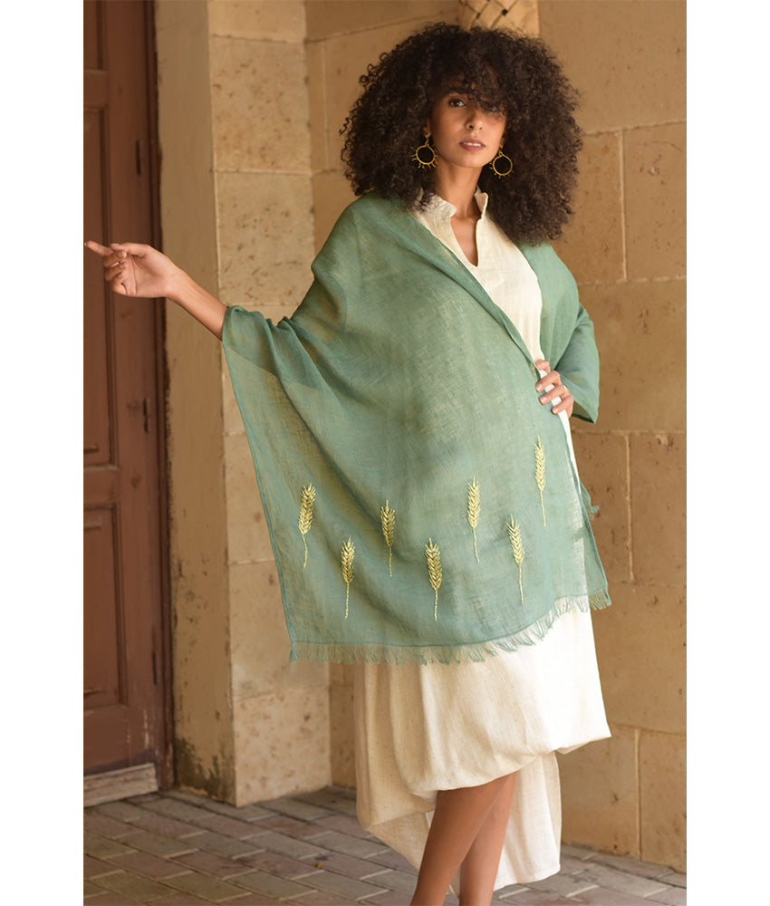 Green Embroidered Linen Shawl - Palm