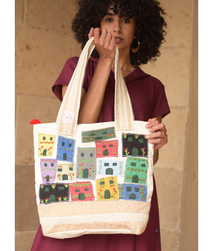 Off White Embroidered Tote Bag handmade in Egypt & available in Jozee boutique