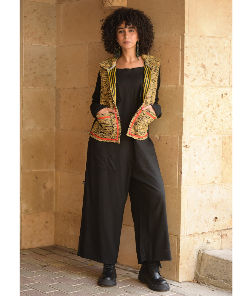Black & Mustard Cropped Akhmim Loomwoven Jacket handmade in Egypt & available at Jozee Boutique.handmade in Egypt & available at Jozee Boutique.