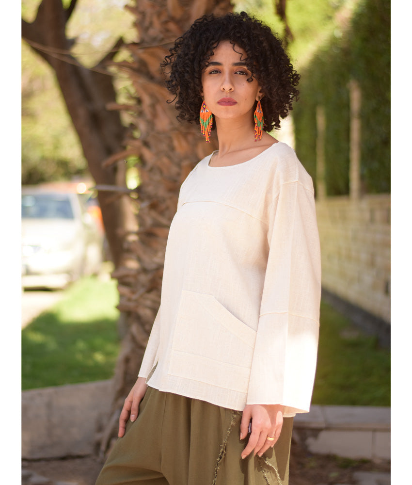 Off White Linen Boxy Top handmade in Egypt & available at Jozee Boutique.