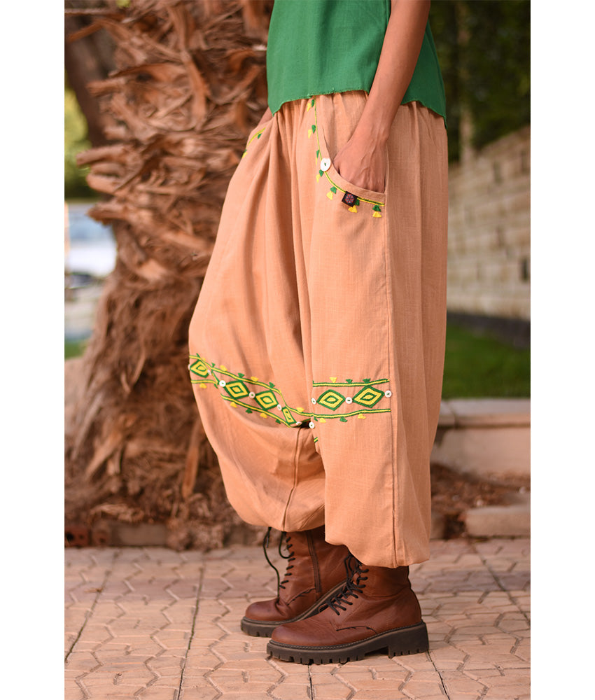 Dark beige Siwa Embroidered Linen Harem Pants Handmade in Egypt & available at Jozee Boutique