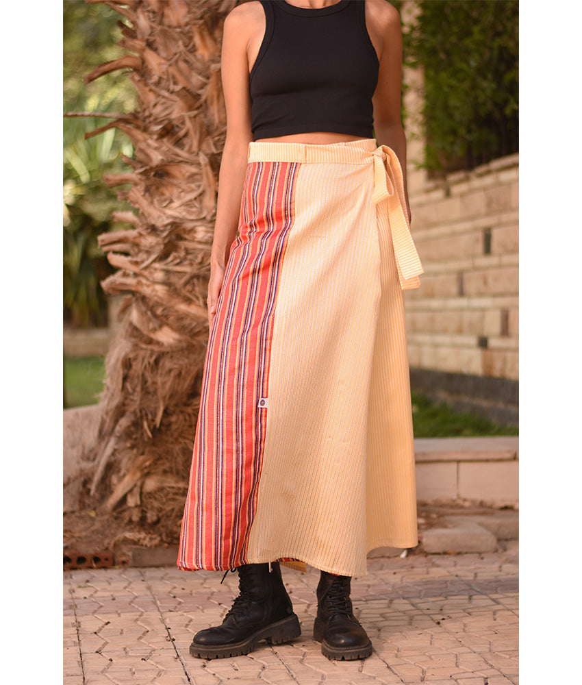 Striped Champagne Gold & Multicolored Silk and Cotton Loom Woven Long Wrap Skirt handmade in Egypt & available at Jozee Boutique.
