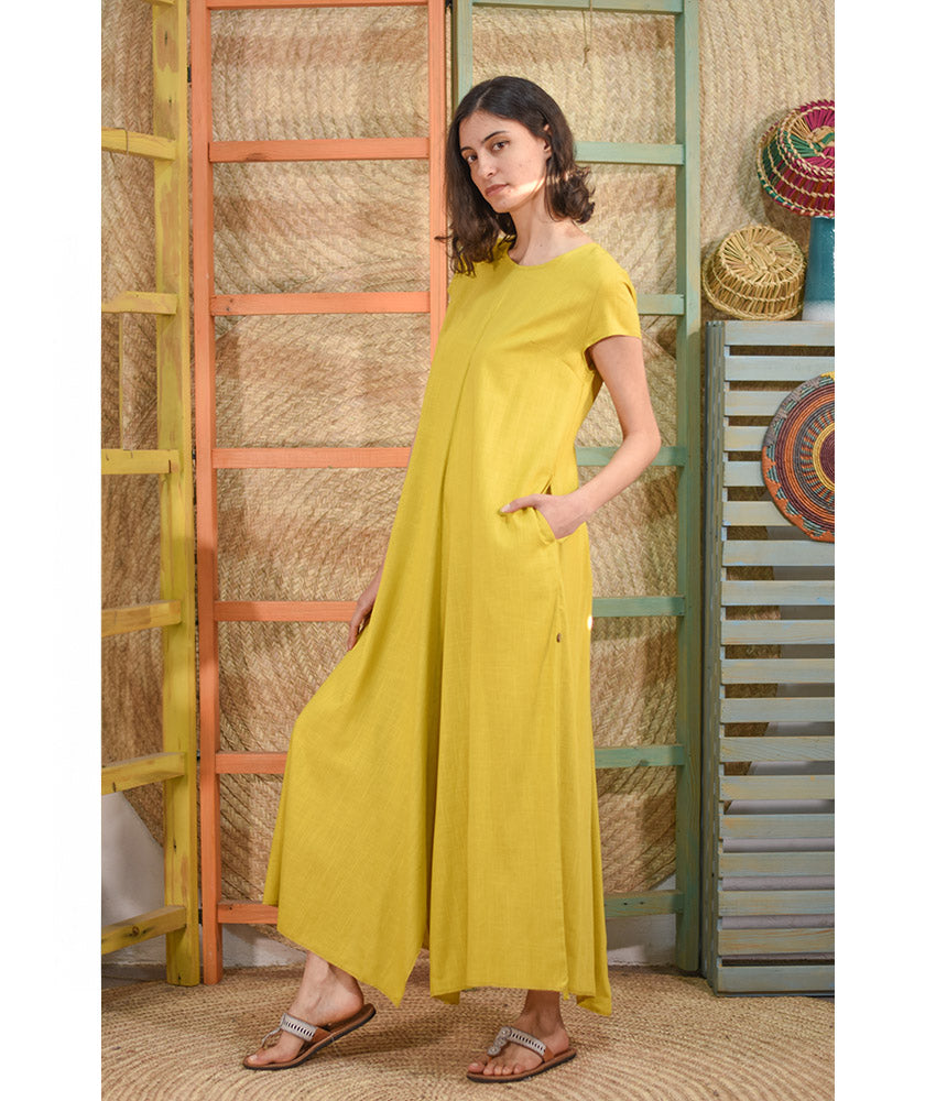 Mustard Linen Tent Dress With Side Buttons handmade in Egypt & available at Jozee boutique