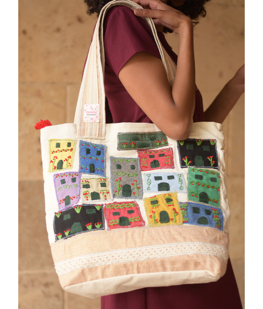 Off White Embroidered Tote Bag handmade in Egypt & available in Jozee boutique