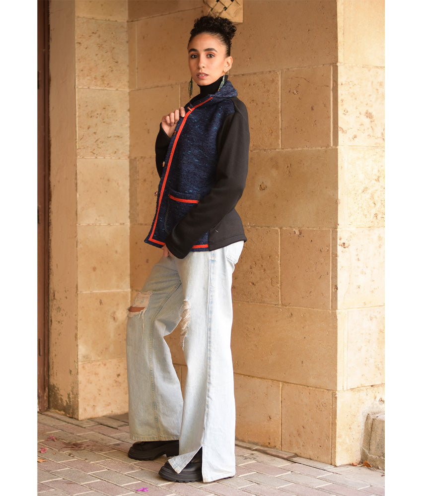 Black & dark Blue Cropped Akhmim Loomwoven Jacket handmade in Egypt & available at Jozee Boutique.handmade in Egypt & available at Jozee Boutique.