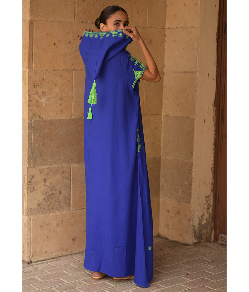 Electric Blue Siwa Heavily Embroidered Linen Dress with Hoodie handmade in Egypt & available at Jozee Boutique.