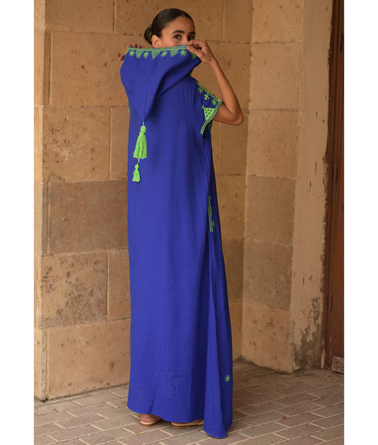 Electric Blue Siwa Heavily Embroidered Linen Dress with Hoodie handmade in Egypt & available at Jozee Boutique.