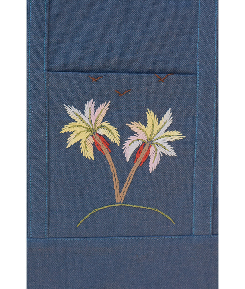 Denim blue Embroidered Palm Linen Padded Laptop Bag handmade in Egypt & available at Jozee Boutique.handmade in Egypt & available at Jozee Boutique.