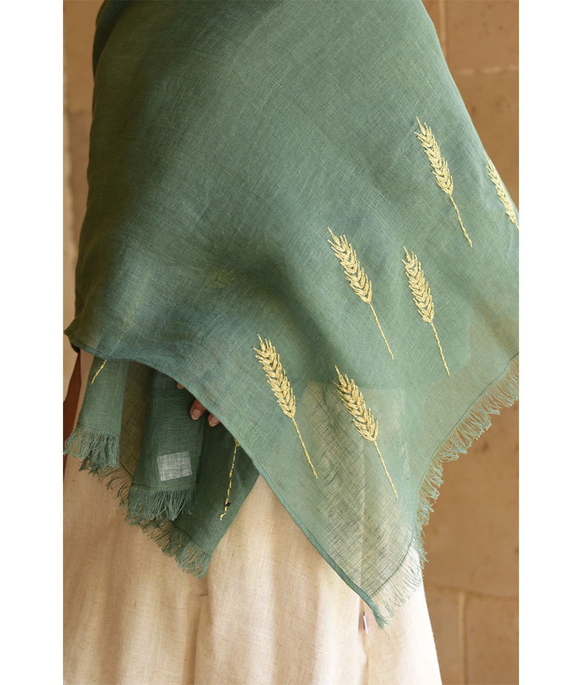 Green Embroidered Linen Shawl - Palm