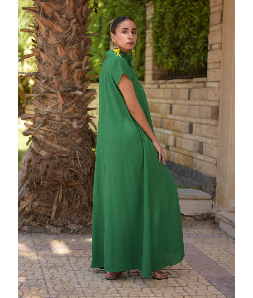 Green Linen Japanese Dress made in Egypt & available in Jozee boutique