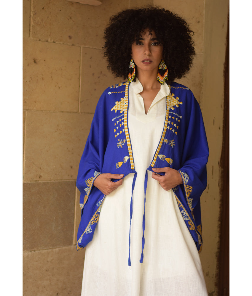 Electric Blue Siwa Embroidered Linen Bolero made in Egypt & available at Jozee Boutique.