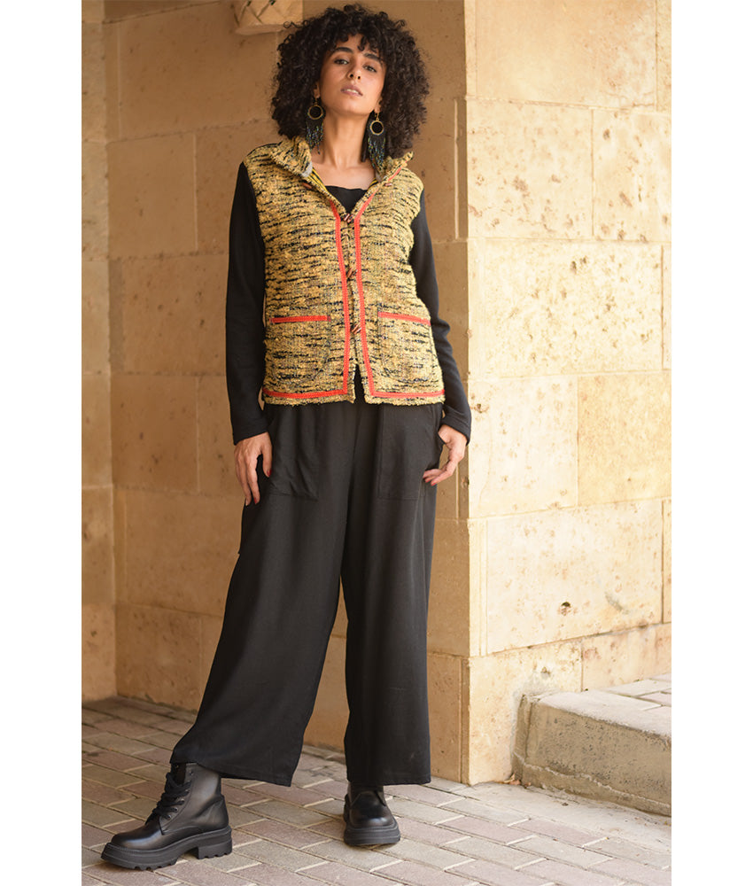 Black & Mustard Cropped Akhmim Loomwoven Jacket handmade in Egypt & available at Jozee Boutique.handmade in Egypt & available at Jozee Boutique.
