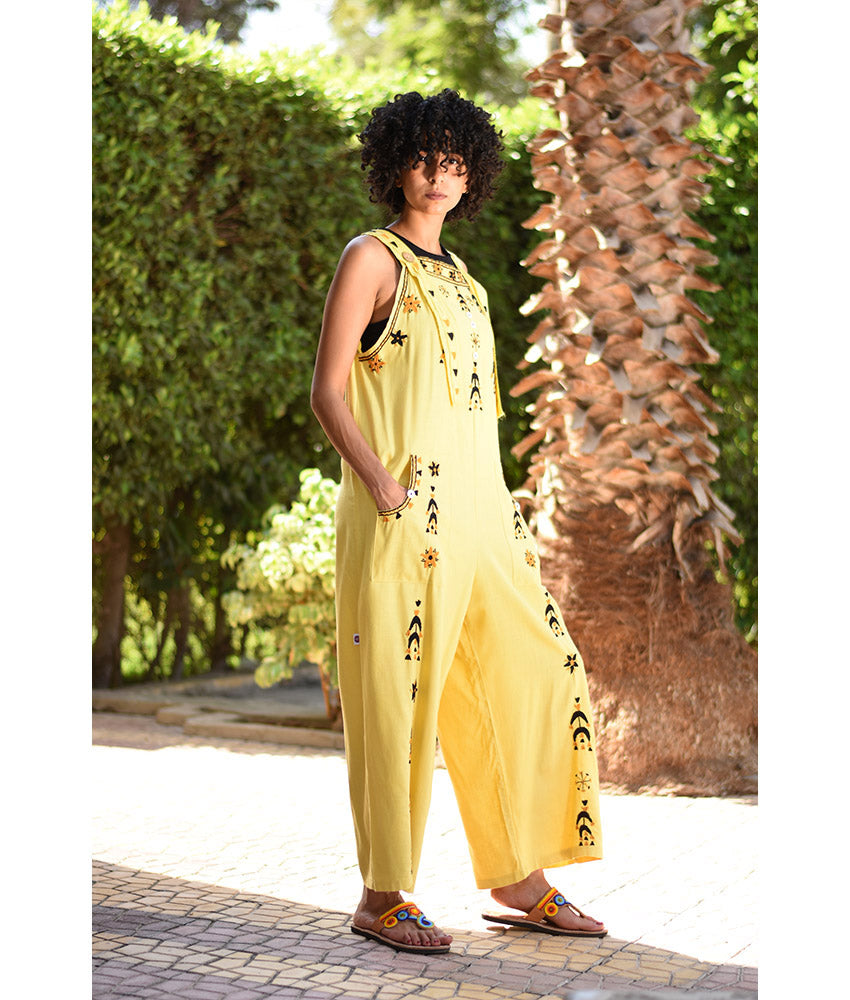 Yellow Siwa Embroidered Linen Jumpsuit Handmade in Egypt & available at Jozee Boutique