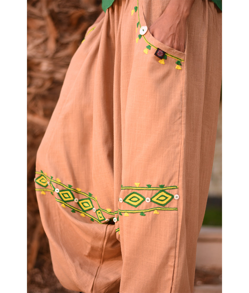 Dark beige Siwa Embroidered Linen Harem Pants Handmade in Egypt & available at Jozee Boutique