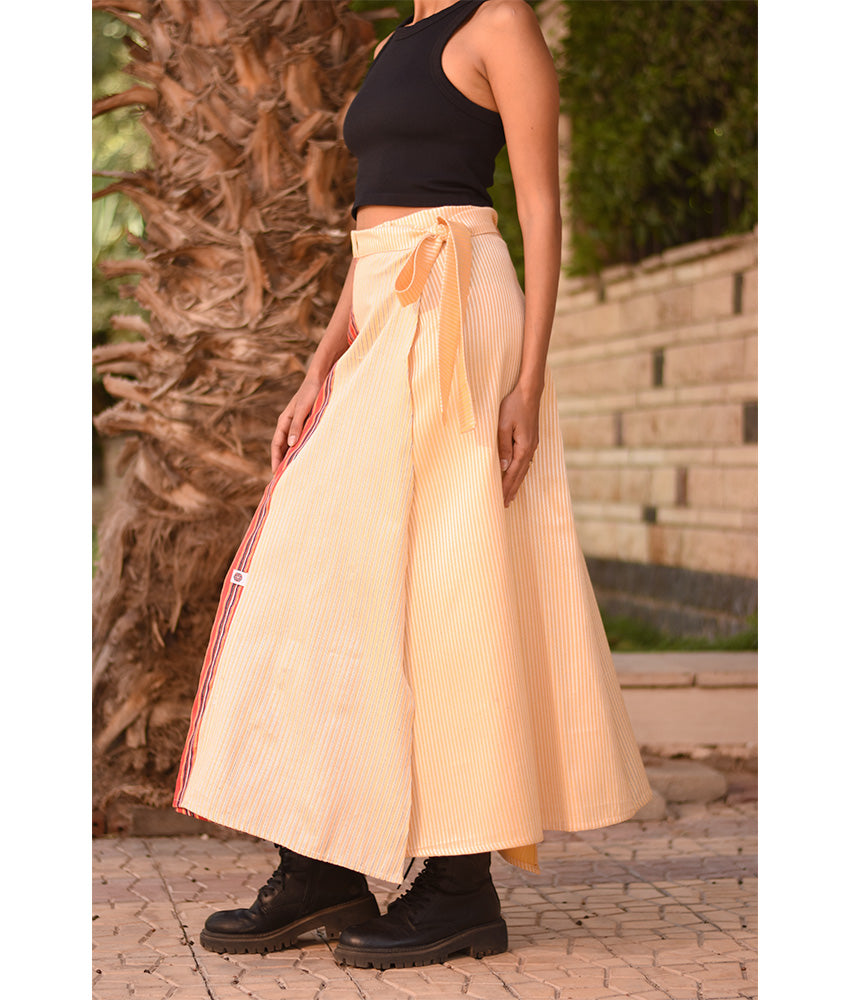 Striped Champagne Gold & Multicolored Silk and Cotton Loom Woven Long Wrap Skirt handmade in Egypt & available at Jozee Boutique.