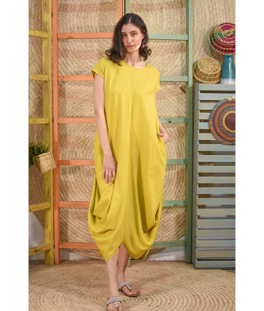 Mustard Linen Tent Dress With Side Buttons handmade in Egypt & available at Jozee boutique