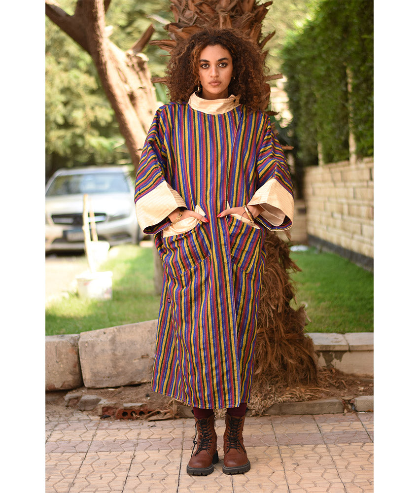 Champagne Gold & Multicolored Long Double-Faced Jacket handmade in Egypt & available at Jozee Boutique.