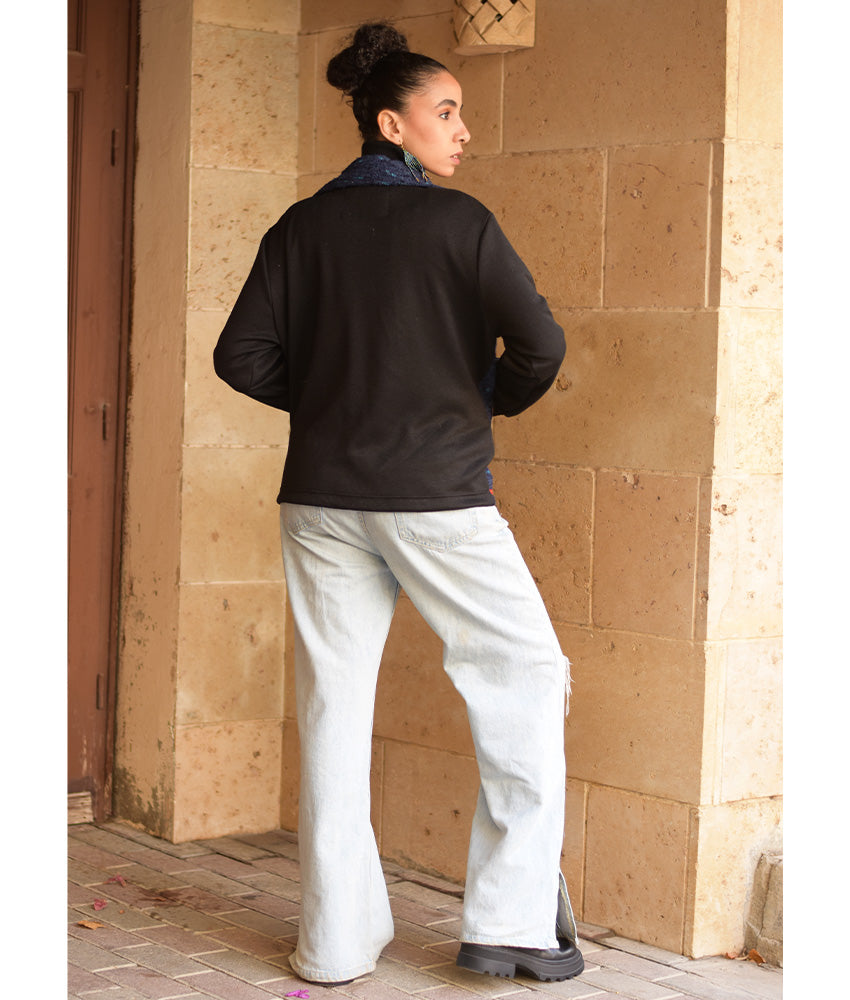Black & dark Blue Cropped Akhmim Loomwoven Jacket handmade in Egypt & available at Jozee Boutique.handmade in Egypt & available at Jozee Boutique.